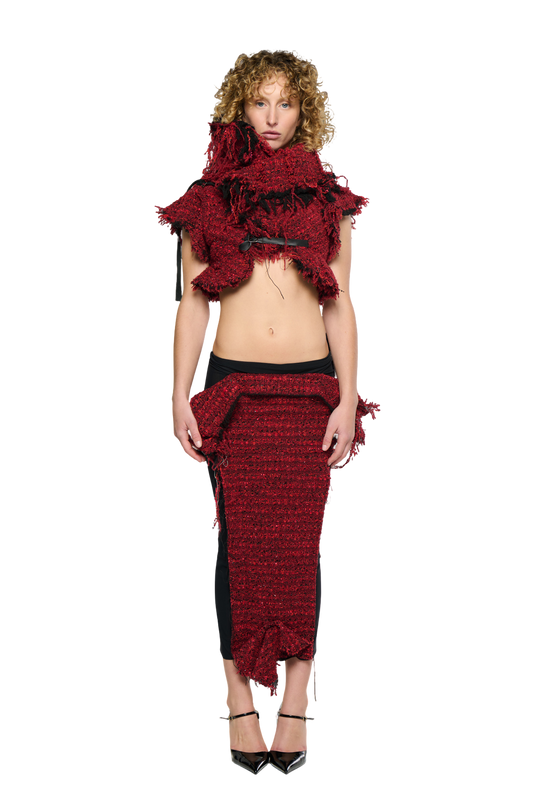 Eroded Tweed Mesh Midi Skirt - Red