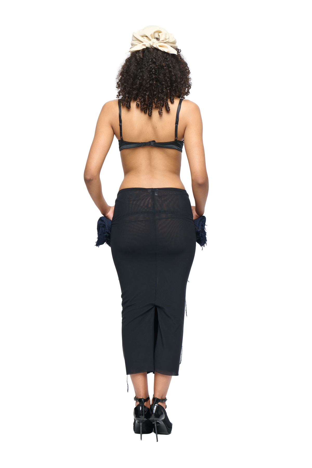 Eroded Tweed Mesh Midi Skirt - Navy