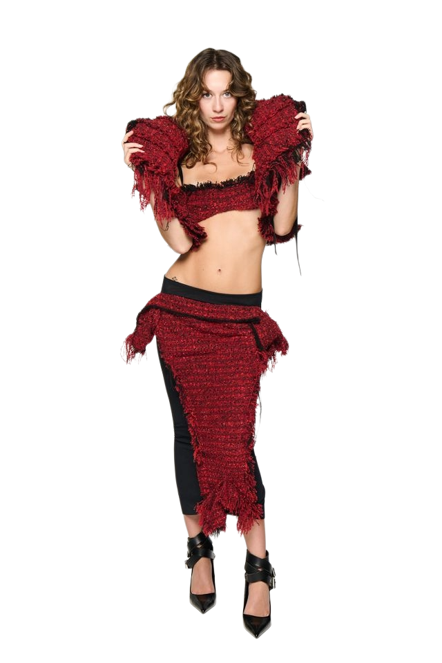 Eroded Tweed Mesh Midi Skirt - Red